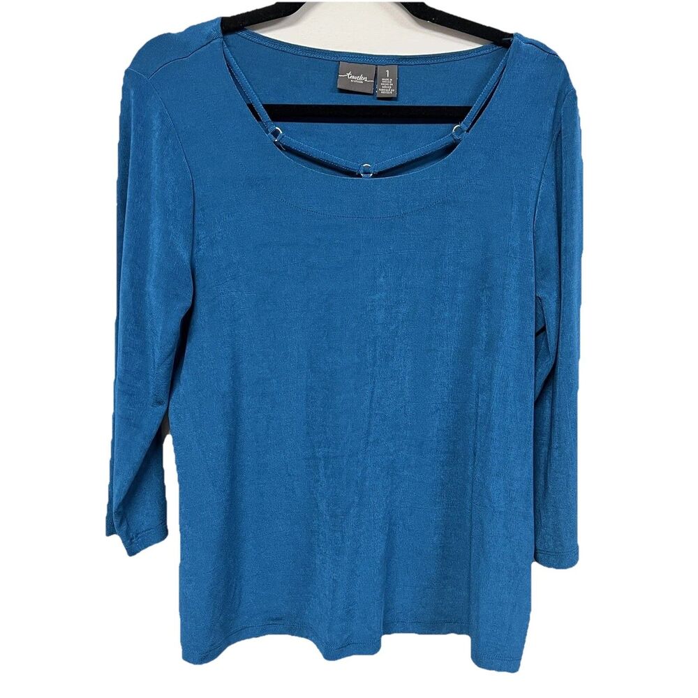 Chico’s Travelers Blue Slinky Top Size 1 M 3/4 Sleeve Metal Ring Neck Packable
